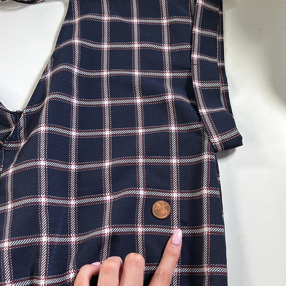 navy blue plaid twist front short sleeve blouse sz M picniccore fall casual - Picture 9 of 12